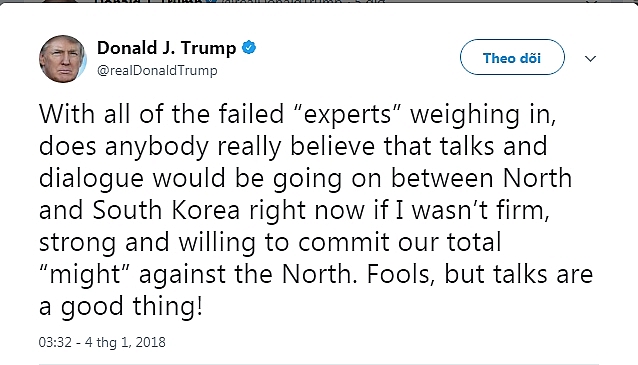 Tổng thống Trump hoan nghênh động thái tích cực giữa 2 miền liên Triều. (Ảnh: Twitter)