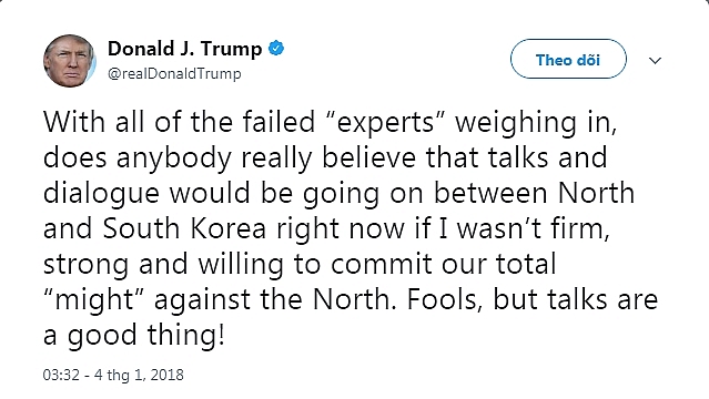 Hôm 4/1 vừa qua, Tổng thống Donald Trump đã đăng lên tài khoản Twitter cá nhân khẳng định vai trò của ông trong việc Bình Nhưỡng tham gia hội đàm với Hàn Quốc (Ảnh: Twitter).