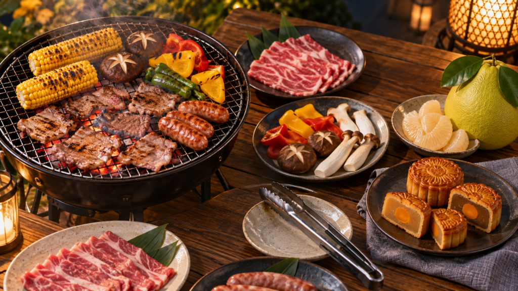 Minh họa món nướng cùng bánh và bưởi dịp Trung thu.