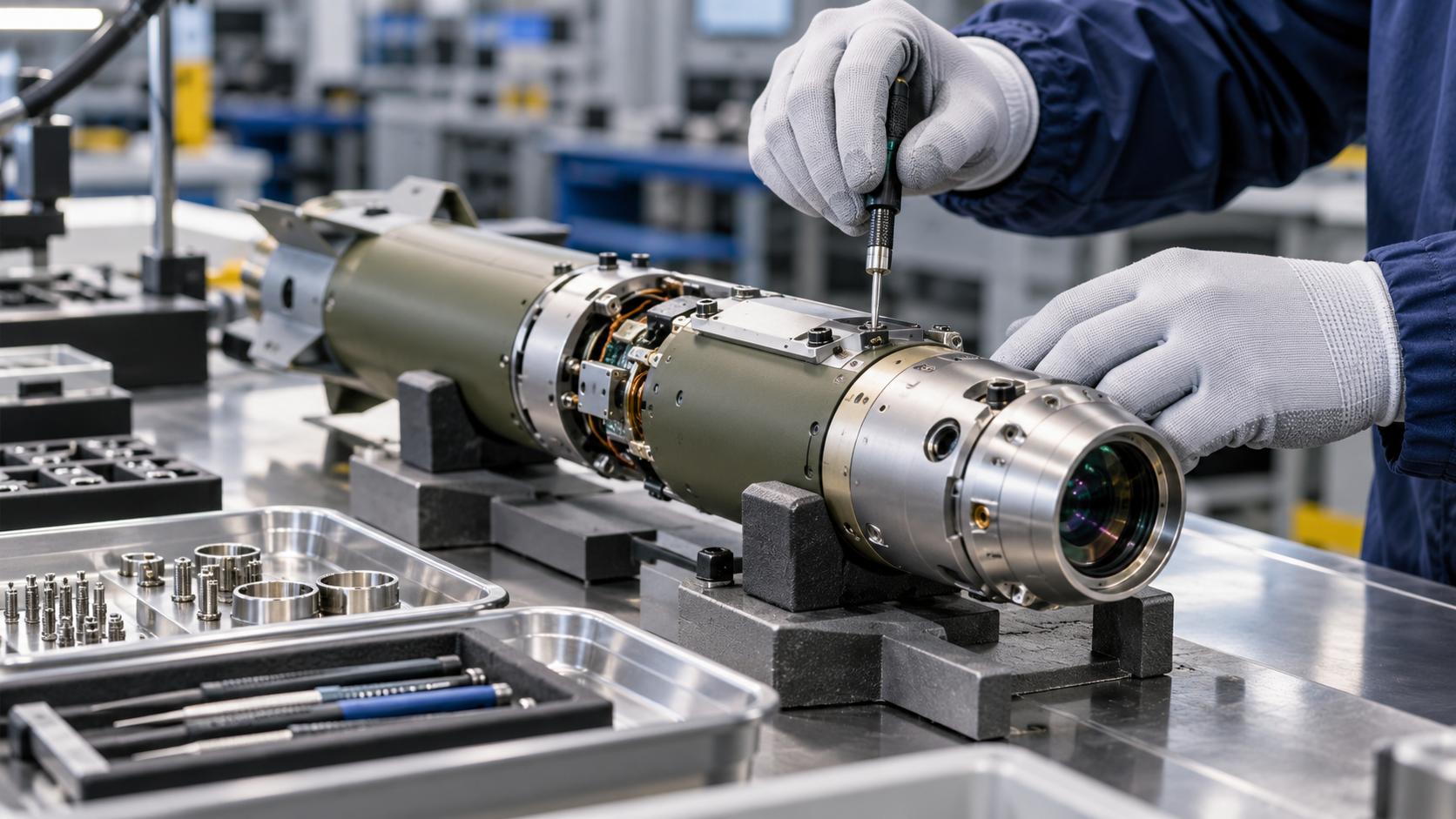 Ảnh minh hoạ lắp ráp bộ dẫn đường rocket tại bàn kỹ thuật, không phải ảnh cơ sở cụ thể.
