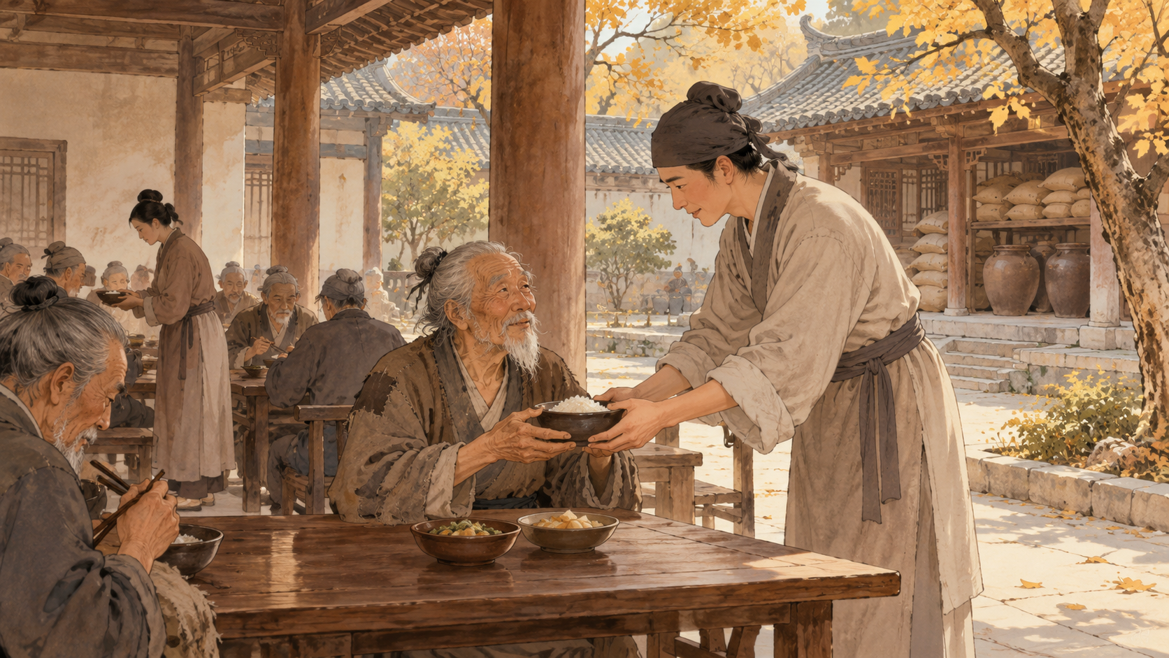 Ảnh minh hoạ người cao tuổi nhận bát cơm trong một cơ sở cứu tế thời Tống.