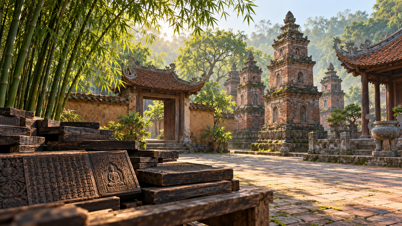 Ảnh minh hoạ chùa Việt Nam, mộc bản và vườn tháp; không phải ảnh chụp chùa Bổ Đà.