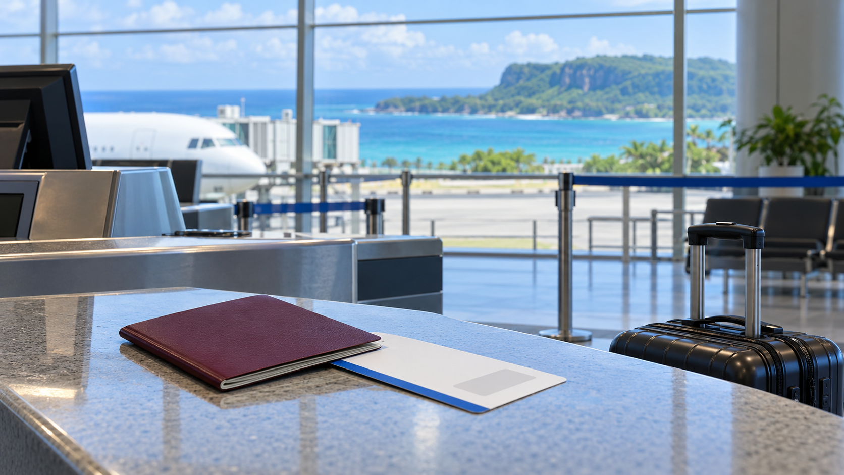 Ảnh minh hoạ quầy làm thủ tục sân bay, hộ chiếu và hành lý; không phải ảnh chụp tại Bắc Mariana.