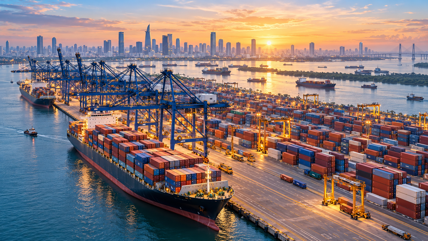 Ảnh minh hoạ cảng container và đô thị; không phải ảnh chụp dự án được công bố.