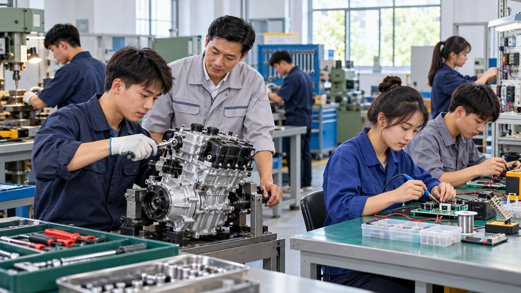 Ảnh minh hoạ học viên thực hành cơ khí và điện tử tại xưởng dạy nghề; không phải ảnh sự kiện thật.