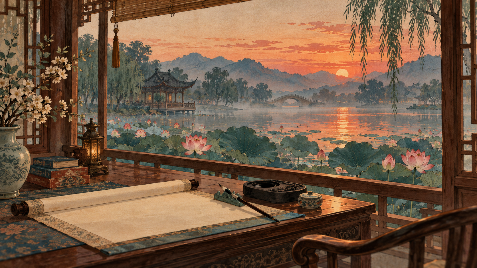 Ảnh minh hoạ không gian văn chương cổ với bút, nghiên và đầm sen; không tái hiện một địa điểm có thật.