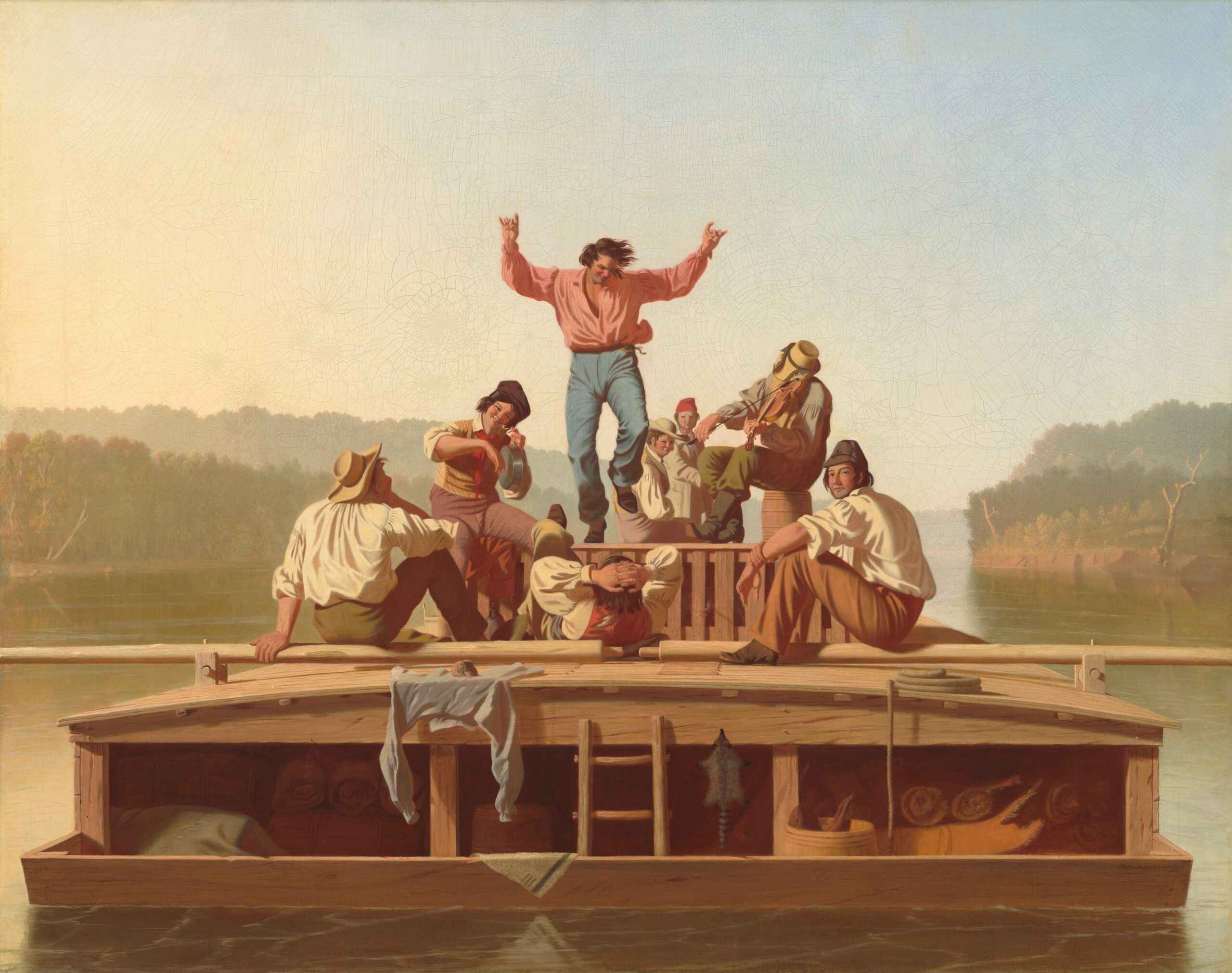 Tác phẩm The Jolly Flatboatmen năm 1846 của George Caleb Bingham, cảnh các thủy thủ nhảy múa trên thuyền sông.