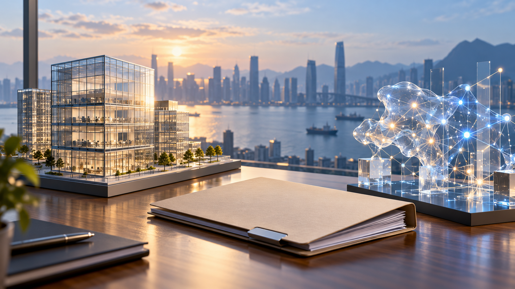 Ảnh minh hoạ mô hình văn phòng và mạng lưới AI biểu trưng cho việc đánh giá chiến lược kinh doanh.