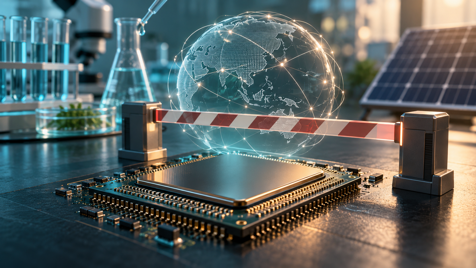 Ảnh minh hoạ chip, mạng lưới công nghệ và biểu tượng kiểm soát xuất khẩu, không phải hoạt động kiểm tra thực tế