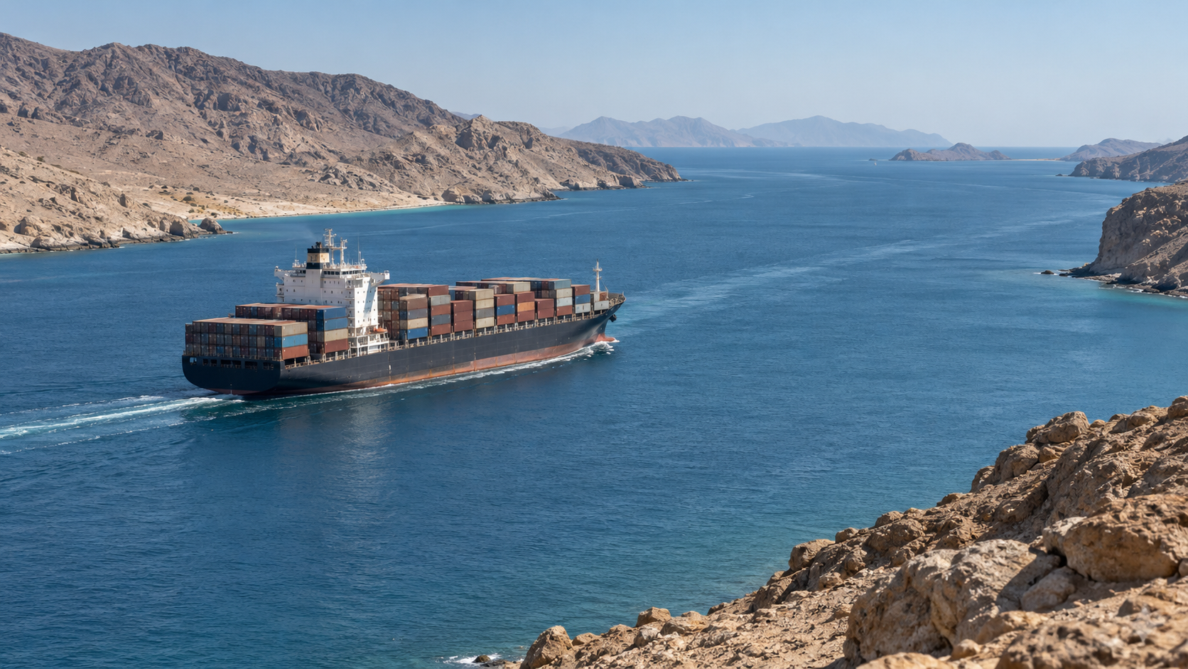 Ảnh minh hoạ tàu container trên tuyến hàng hải ven địa hình khô cằn; không phải tàu GFS Pride hay ảnh vụ tấn công.