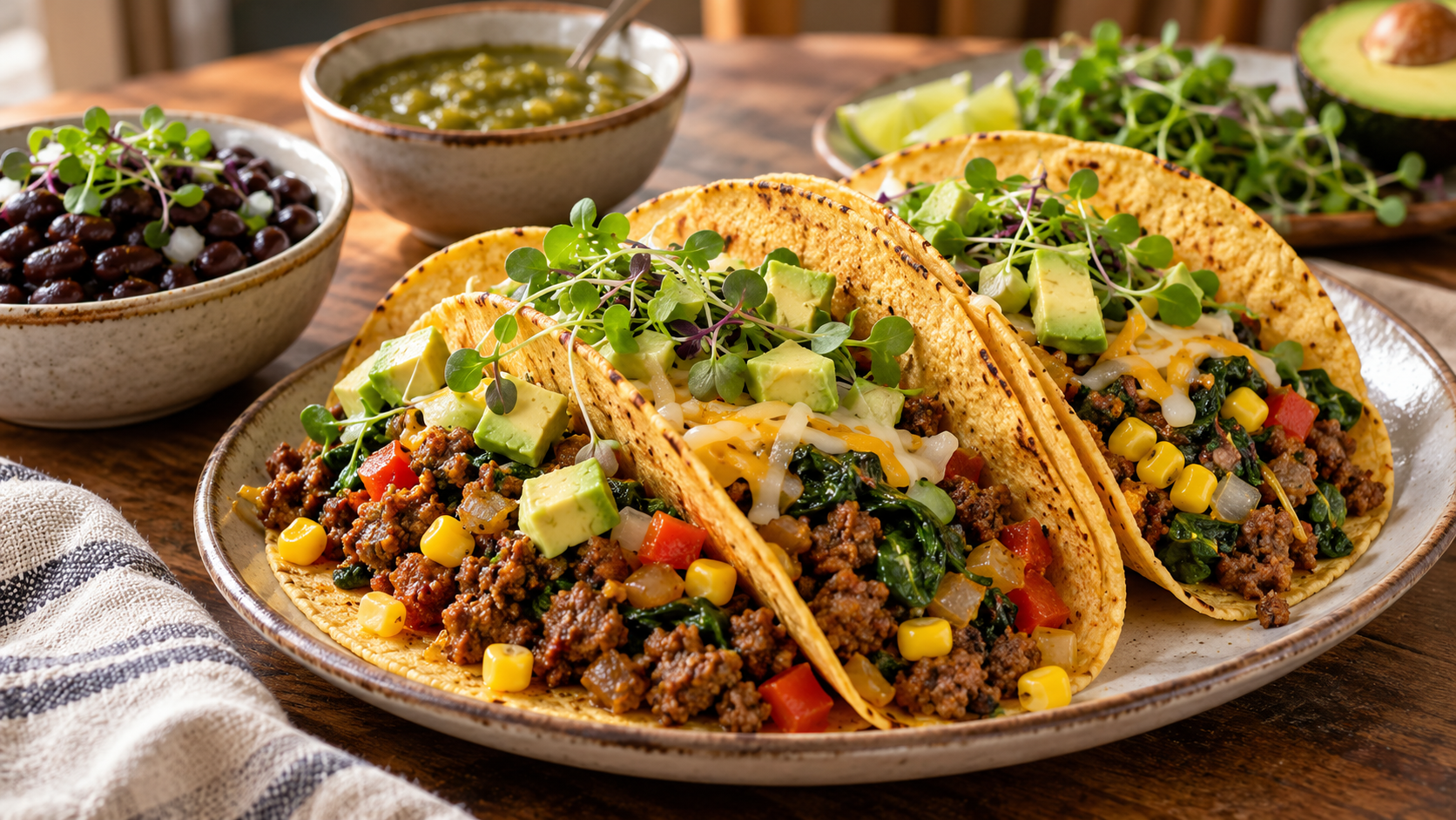 Ảnh minh hoạ taco với thịt bò đã chín, rau xanh và bát đậu đen cho lựa chọn chay, không phải ảnh món ăn của tác giả