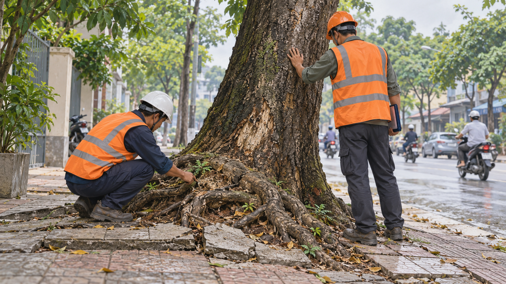 Ảnh minh hoạ nhân viên kiểm tra bộ rễ cây xanh trên một tuyến phố, không phải ảnh chụp hai vụ cây bật gốc.