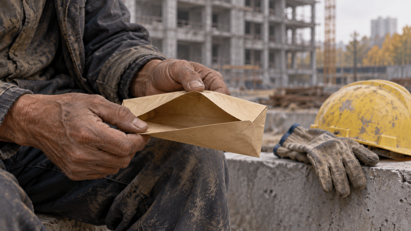 Minh họa đôi tay công nhân cầm phong bì rỗng cạnh mũ bảo hộ, không phải người hay dự án trong vụ việc