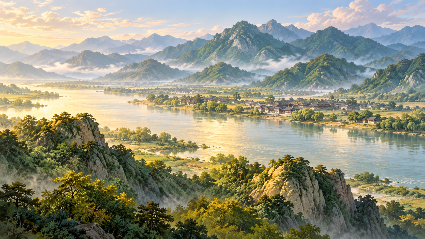 Ảnh minh hoạ khái niệm núi, sông và khu dân cư trong cách đặt địa danh truyền thống; không tái hiện một thành phố có thật.